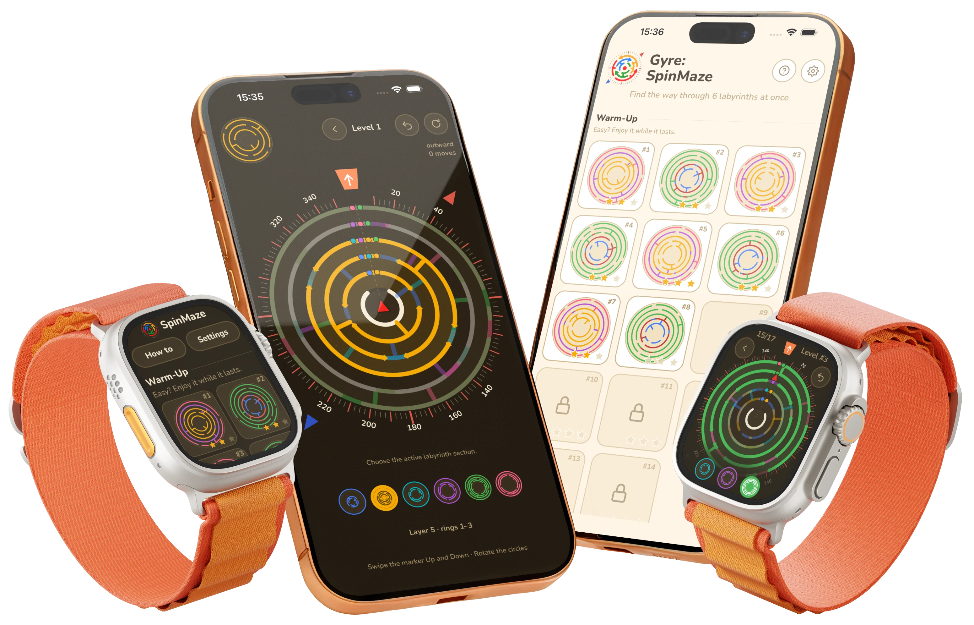 Gyre: Spin Ring Maze shown on iPhone — the rotating ring board in the night theme and the level grid in the cream daylight theme