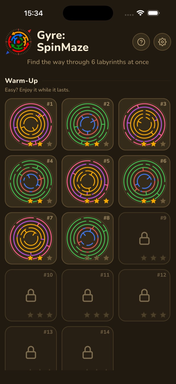 The level grid in the night watch theme: the Warm-Up section with earned stars, then locked mazes