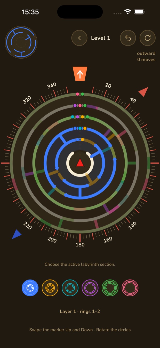 Level 1 in the night watch theme with the blue layer selected, spanning rings 1 to 2