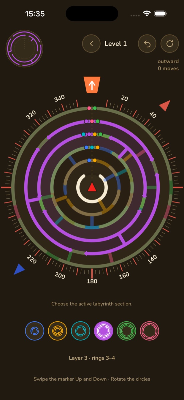 Level 1 in the night watch theme with the purple layer selected, spanning rings 3 to 4