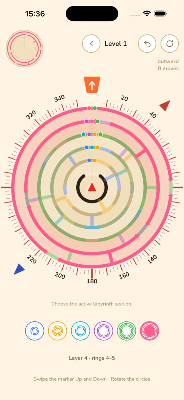 Level 1 in the cream daylight theme with the pink layer selected, spanning rings 4 to 5