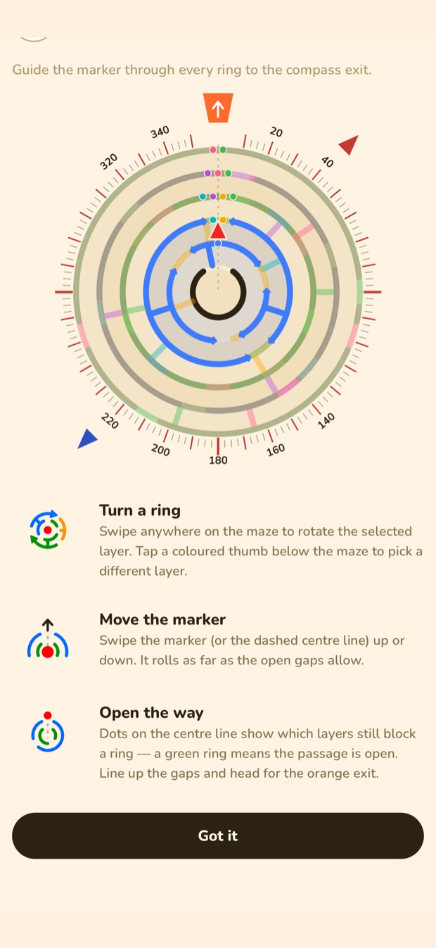 The how to play screen: turn a ring, move the marker, open the way