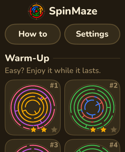 The level list on Apple Watch: How to and Settings buttons, then the Warm-Up mazes with earned stars
