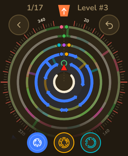 Level 3 on Apple Watch with the blue layer selected and three coloured thumbs below the maze