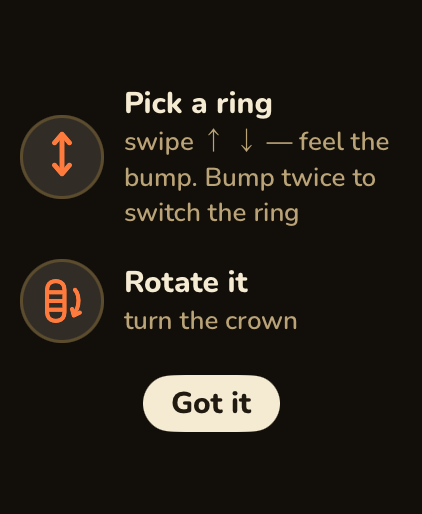 The gesture guide on Apple Watch: pick a ring by swiping, rotate it by turning the crown