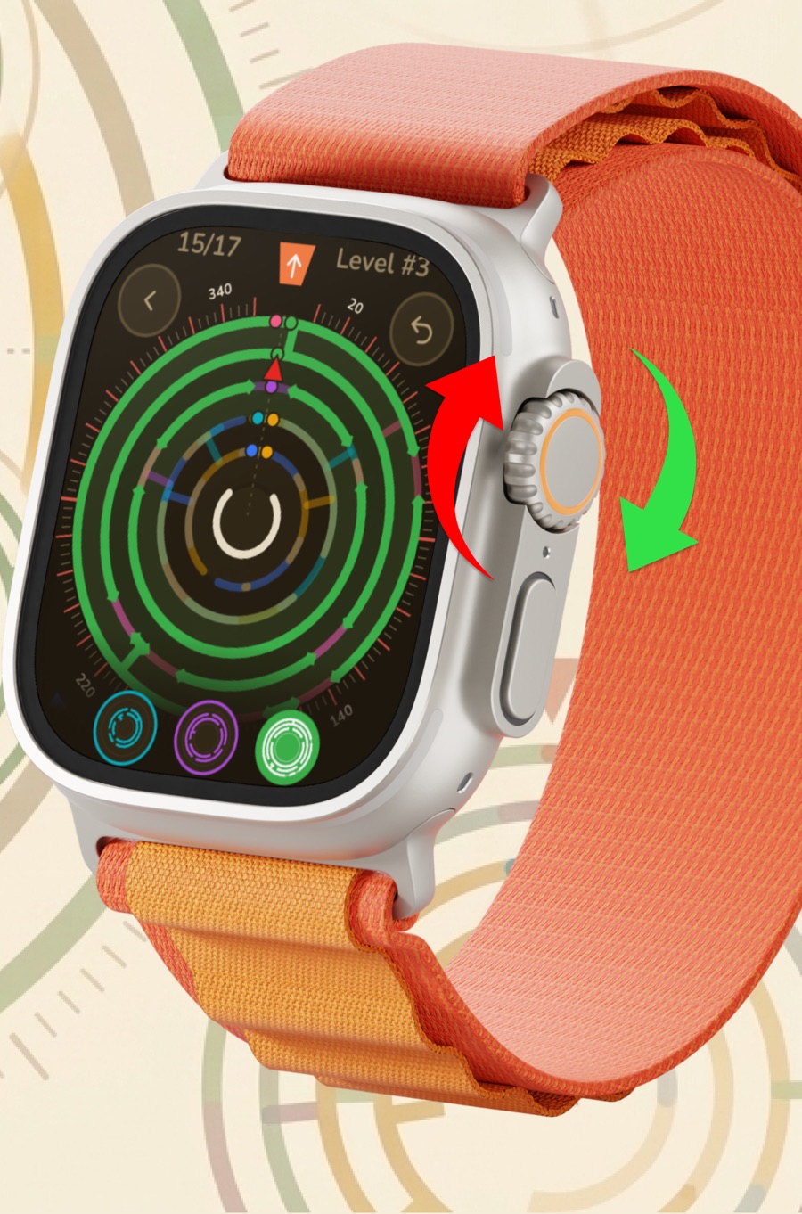 Gyre on an Apple Watch Ultra with an orange band. Arrows show the Digital Crown turning the green ring on level 3